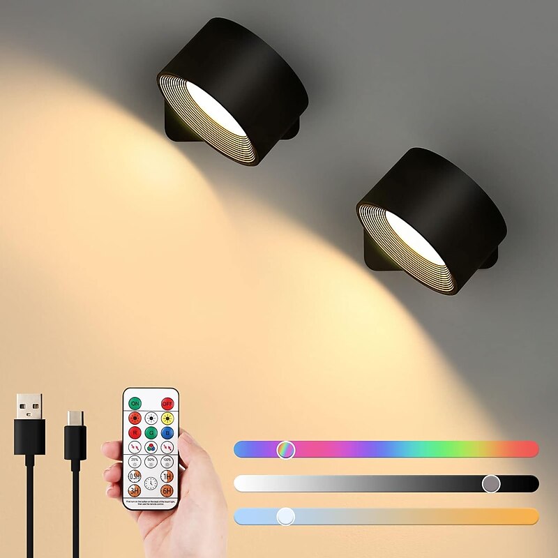 LED Wall Lights 2 Pcs with Remote, Sensor Puck Lamp 3000mAh Rechargeable Battery Operated, Tri-Color Dimmable Magnetic 360° Rotation Cordless Light for Bedroom Bedside
