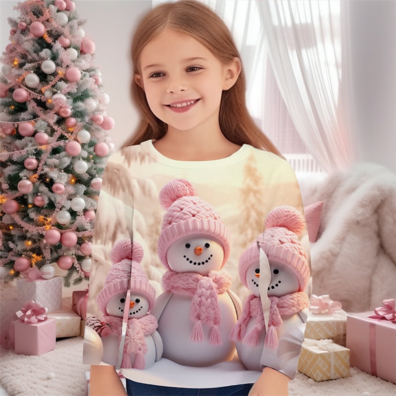 Girls' 3D Snowman Tee Shirt Pink Long Sleeve 3D Print Fall Winter Active Fashion Cute Polyester Kids 3-12 Years Crew Neck Outdoor Casual Daily Regular Fit
