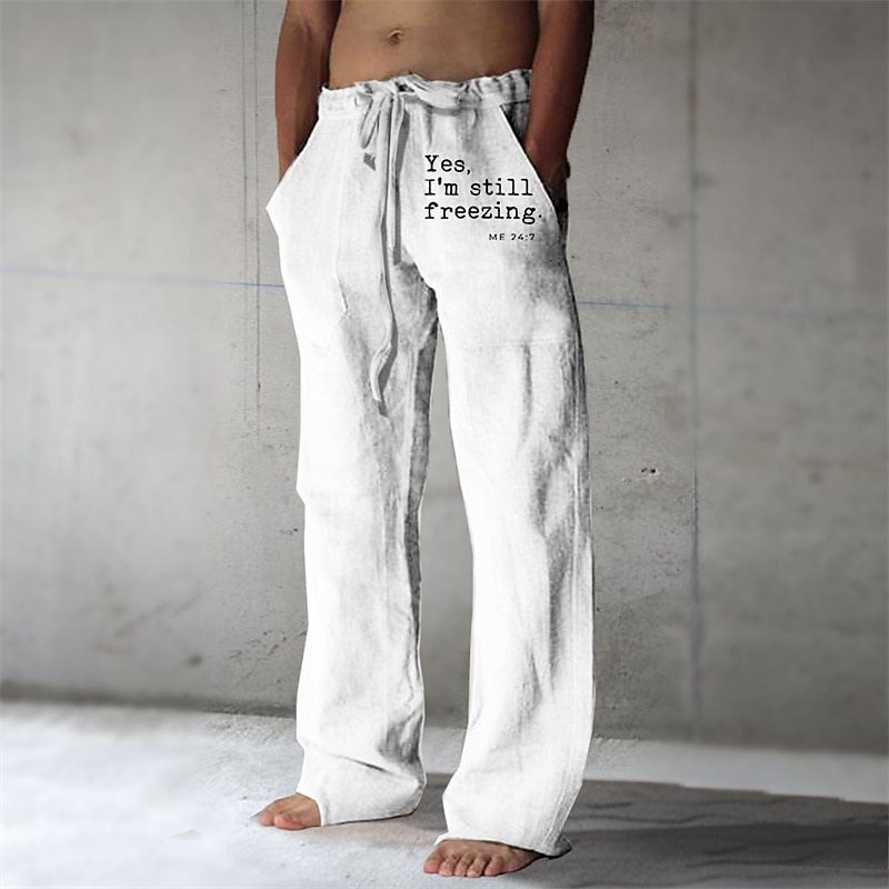 Men's Graphic Letter Linen Pants Pants Trousers Mid Waist Casual Daily Wear Vacation Going out Spring Fall Black White Green2