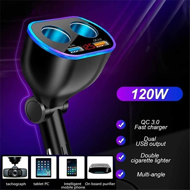 DC 12V LED 2 Way Car Cigarette Lighter Socket Splitter Dual USB Charger Adapter3