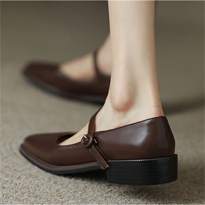Women's Brown Mary Jane Shoes – Vintage Leather Low Heel Flats with Adjustable Strap, Classic Office & Casual Footwear4