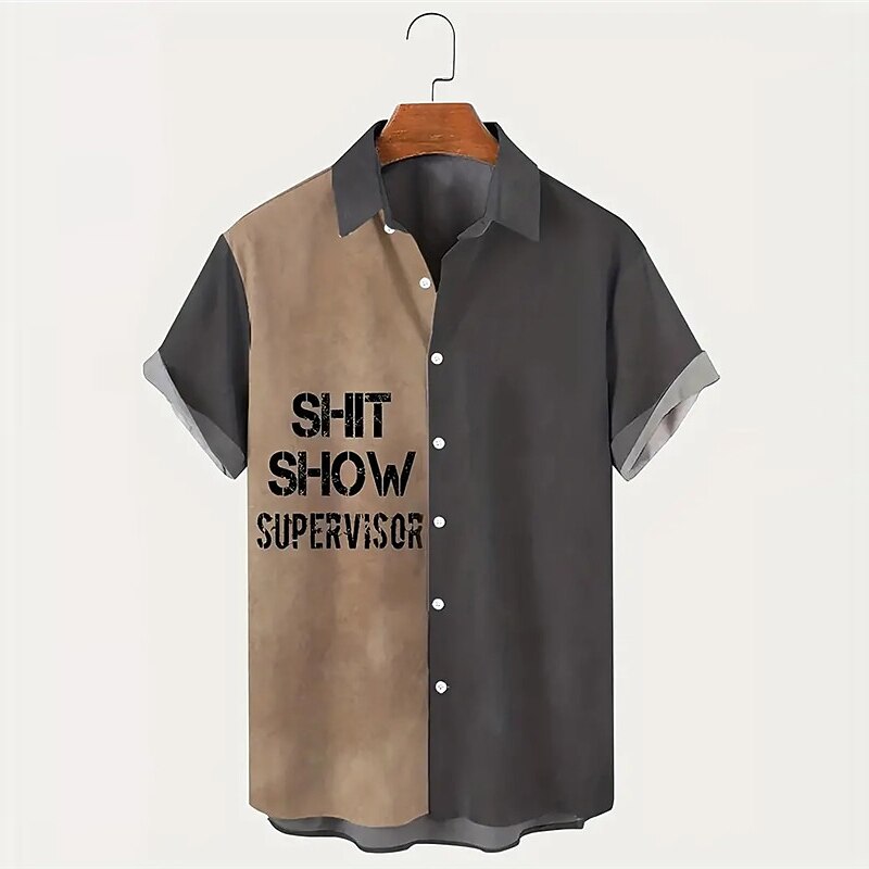 Men's Letter Shirt Summer Hawaiian Shirt Button Up Shirt Short Sleeve Casual Daily Wear Going out Weekend Autumn / Fall Turndown Print Button-Down Black Blue Black-white Gray2