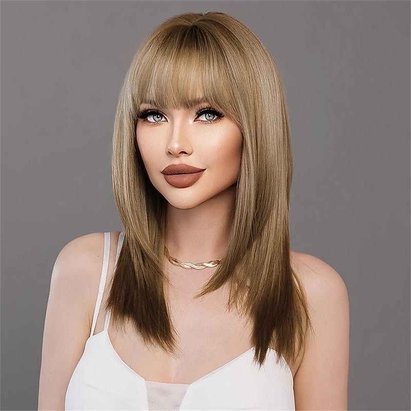 Synthetic Brown Ombre Blonde Wigs With Bangs Natural Soft Straight Layered Hair Wig For Women Daily Party High Density Heat Resistant4