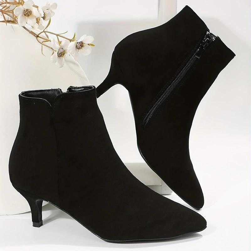 Chic Women's Black Faux Suede Pointed-Toe Ankle Boots with Zipper Closure - Ideal for Evening Events, Office Wear, and Fashionable Outings3