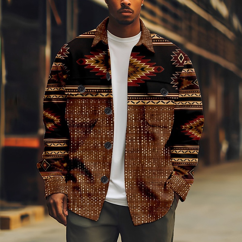 Men's Bohemian Argyle Bandana Print Shirt Shirt Jacket Long Sleeve Vintage Outdoor Vacation Casual Daily Fall & Winter Lapel Buttons Pocket Print Red Brown Green Coffee3