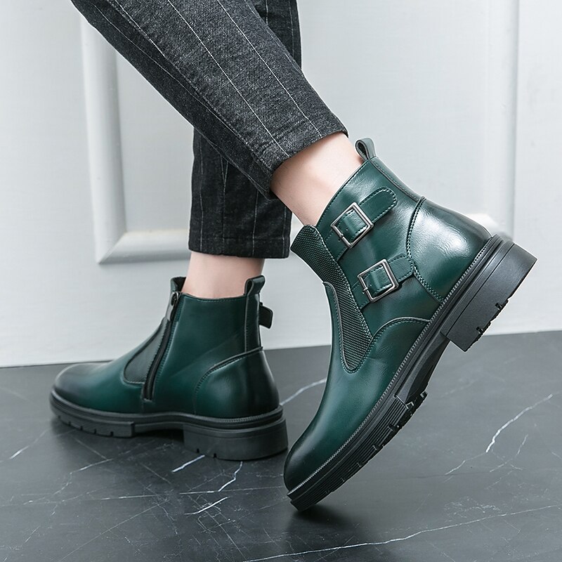 Men's Navy Blue Faux Leather Chelsea Boots, Double Buckle Ankle Boots with Elastic Side for Stylish Durable Wear 32