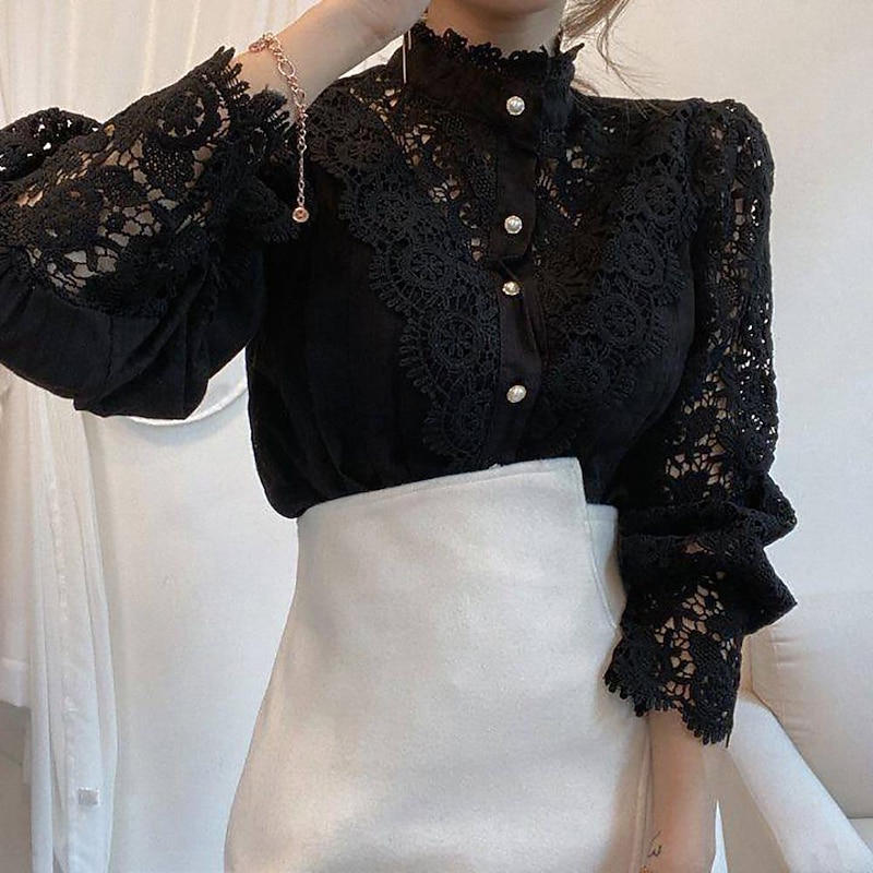 Women's Lace Shirt Blouse Eyelet top White Lace Shirt Solid Colored Elegant Fashion Elegant & Luxurious Shirt Collar Daily Hole Black White Apricot Spring Fall Winter Fall & Winter4