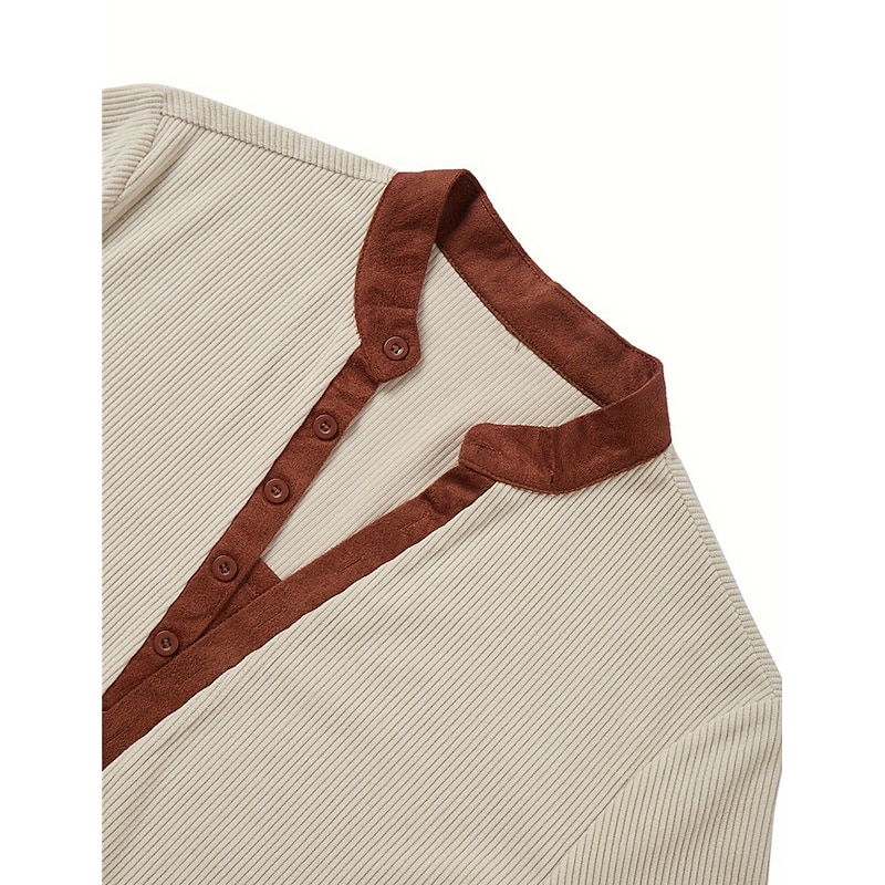 Men's T Shirt Corduroy Shirt Henley Shirt Tee Top Long Sleeve Henley Spring &  Fall Color Block Fashion Designer Basic Patchwork Vacation Street Going out khaki Top Tee for Men4