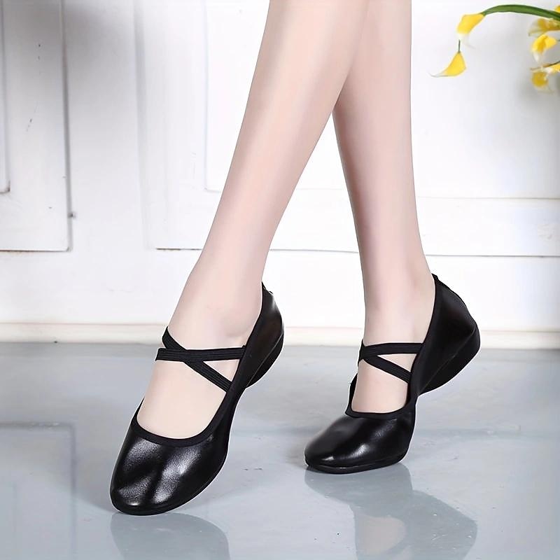 Women's Black Soft Sole Ballet Dance Shoes - Professional Flat Slip-On Shoes with Cross Straps for Practice and Performances3