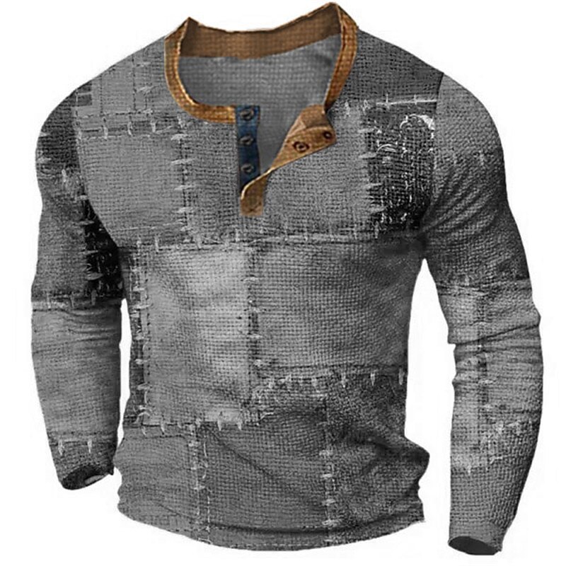 Men's Graphic Color Block Patchwork Henley Shirt Waffle T Shirt Long Sleeve 3D Print Fashion Designer Casual Sports Outdoor Holiday Festival Spring &  Fall Yellow Blue Brown Gray Henley Henley T-Shirt4