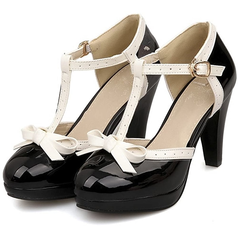 Women's Black Patent Leather T-Strap High Heels with White Trim and Bowknot Decoration - Classic Retro Style for Special Occasions2