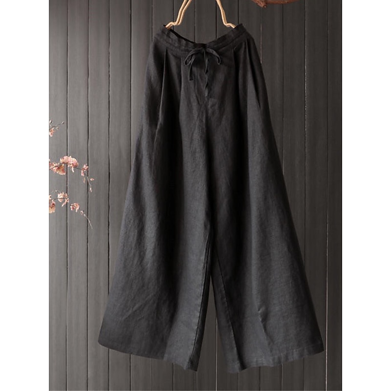 Women's Wide Leg Pants Trousers Vacation Vintage Streetwear Full Length High Waist Plain Drawstring Elastic Waist High Cut Comfort Breathability Soft Micro-elastic Vacation Home Street Black Red3