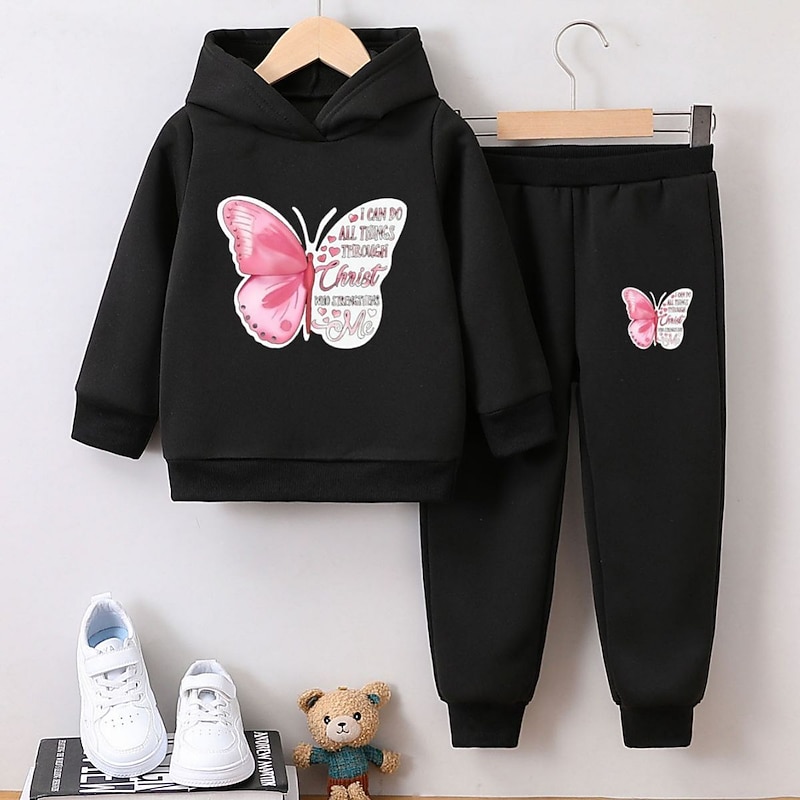 2 Pieces Kids Girls' Graphic Hoodie & Sweatpants Set Set Long Sleeve Active School 7-13 Years Spring Black Pink Purple3