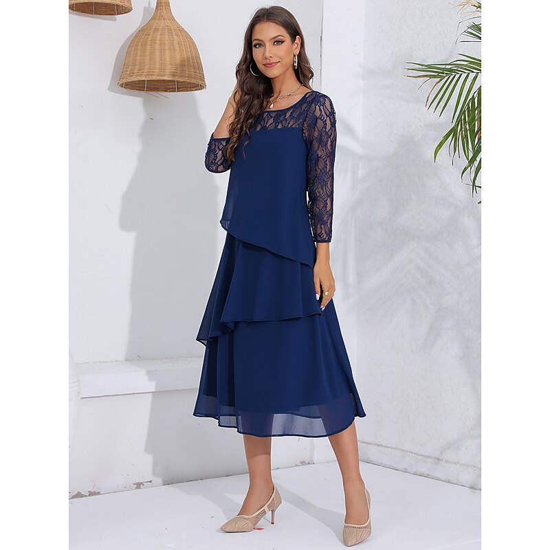 Women's Wedding Guest Cocktail Dress Lace Ruffle Elegant Vacation Spring Winter Midi Dress Crew Neck Long Sleeve Navy Blue4