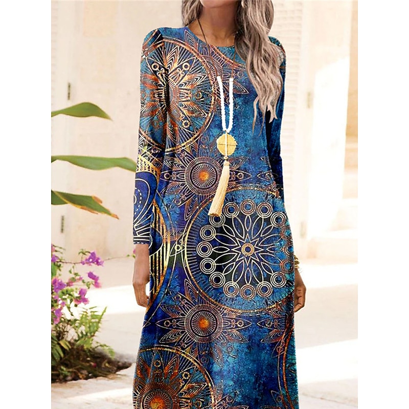 Women's Maxi Dress Vintage Bohemian A Line Dress Crew Neck Long Sleeve Casual Dress Winter Dress Swing Dress Outdoor Daily Date Regular Fit Floral Blue Fall Winter2