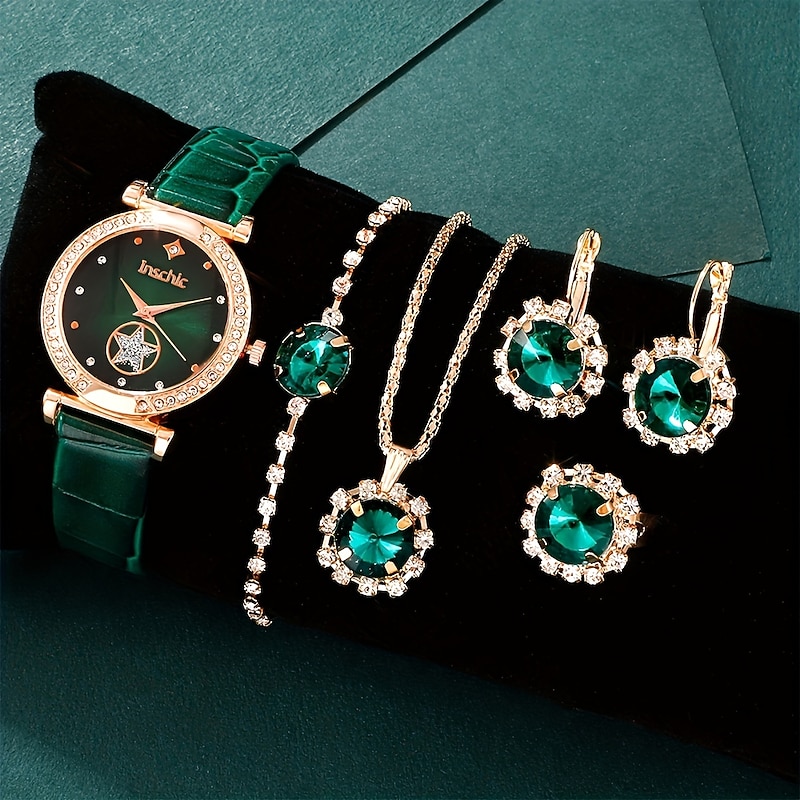6pcs/set Women's Watch Luxury Rhinestone Quartz Watch Vintage Star Analog Wrist Watch & Jewelry Set Gift For Mom Her2