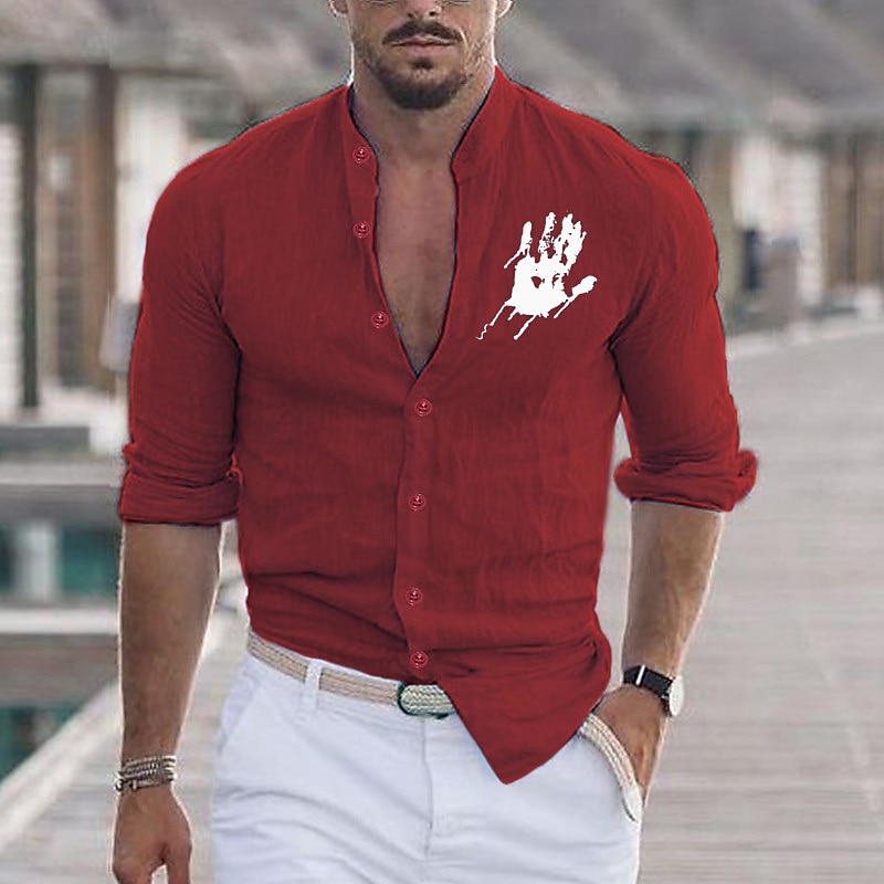 Men's Shirt Hand Outdoor Vacation Black White Red Blue Long Sleeve Stand Collar Spring &  Fall Clothing Apparel Print3