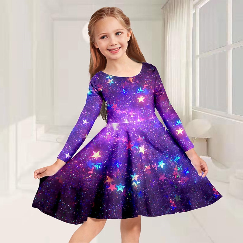 Girls' 3D Stars Dress Long Sleeve 3D Print Fall Winter Vacation Sports & Outdoor Daily Cute Casual Beautiful Kids 3-12 Years Casual Dress A Line Dress Above Knee Regular Fit3