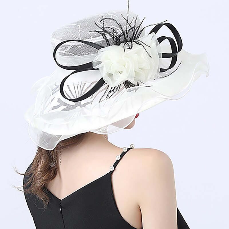 Fascinators Kentucky Derby Hat Headwear Polyester Organza Sun Hat Top Hat Veil Hat Holiday Beach Elegant Vintage With Feather Lace Side Headpiece Headwear3