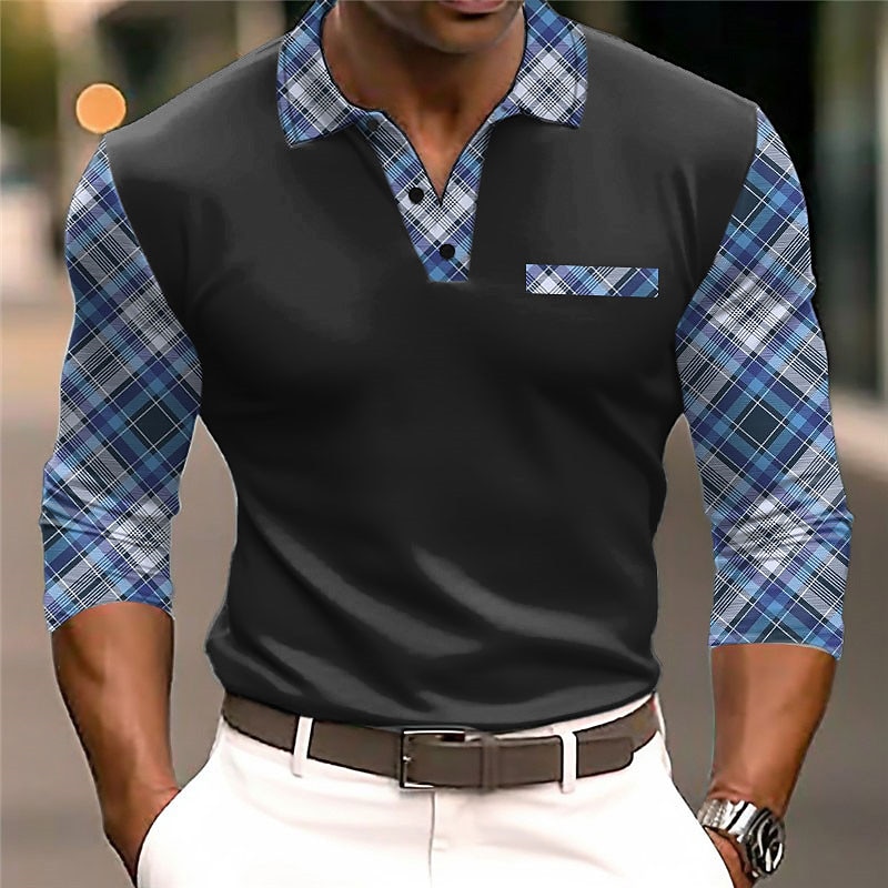 Kentucky Derby Men's Plaid / Check Cable Knit Polo Golf Polos Shirts Long Sleeve Polo Shirts Turndown Business Outdoor Casual Daily Streetwear 3D Print Fall & Winter Black White Dark Navy2
