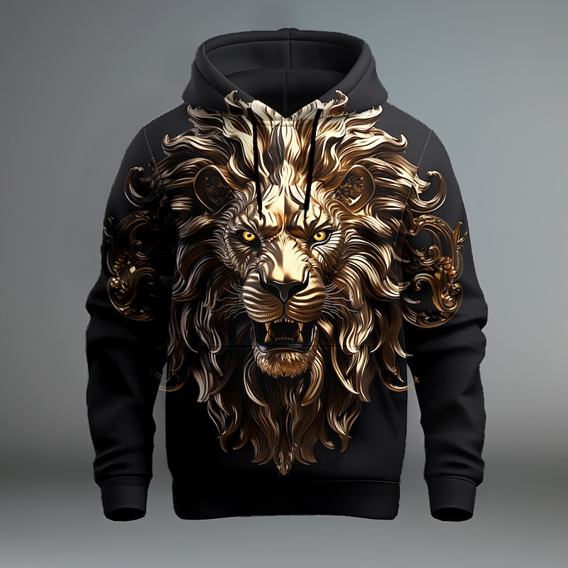 Men's Graphic Lion Textured Hoodie Hoodies Sweatshirt Fashion Daily Long Sleeve Hooded Vacation Going out Streetwear Black Red Print Front Pocket Spring &  Fall Designer