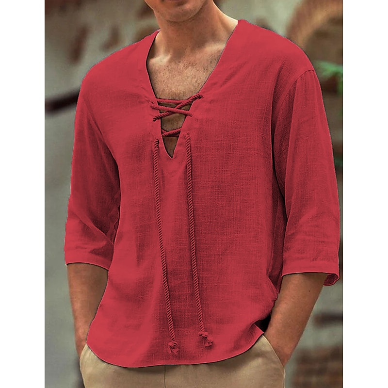 Men's Cotton Linen Shirt White Cotton Shirt Summer Shirt Casual Shirt Plain Casual Daily White Pink Gray Light Blue Long Sleeve V Neck Spring & Summer Clothing Apparel Drawstring2