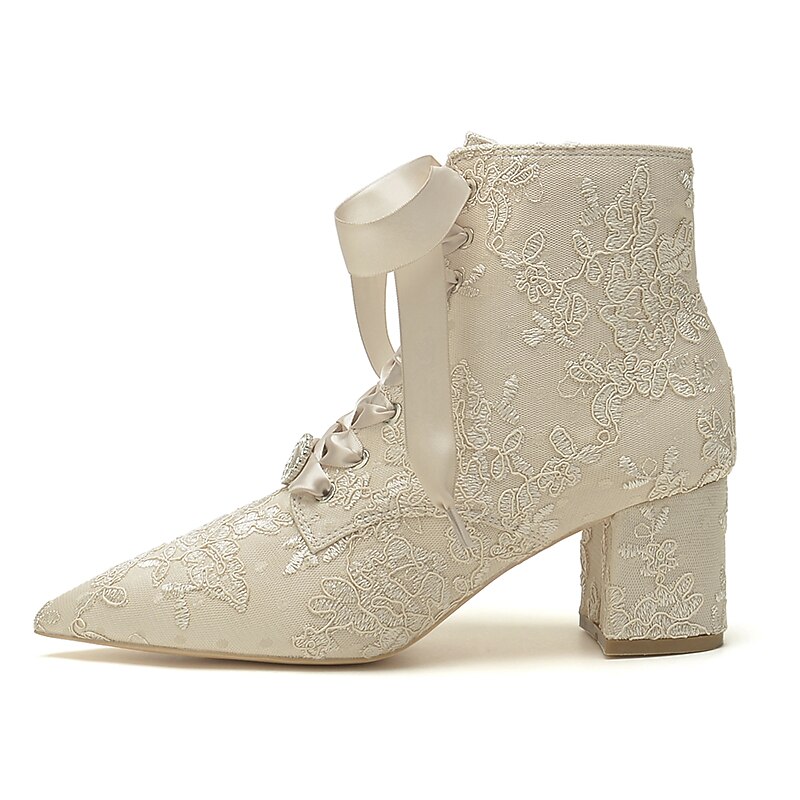 Women's White Lace-Up Bridal Booties – Floral Embroidered Satin Heels with Satin Ribbon and Rhinestone Detail for Weddings, Bridal Showers & Formal Occasions4