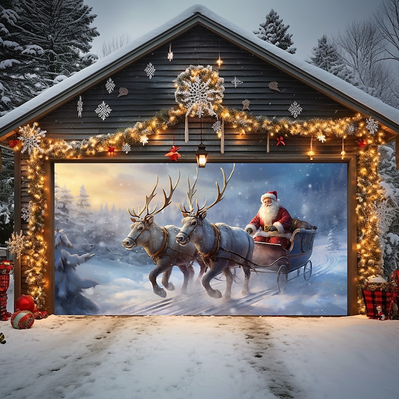 Christmas Door Decorations Outdoor Garage Door Cover Reindeers Santa Sled Xmas Door Banner Party Large Door Mural Backdrop Decoration forHoliday Home Wall Decorations
