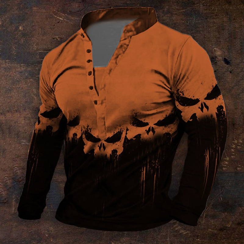 Men's Halloween Graphic Viking Skulls Henley Shirt Long Sleeve 3D Printing Daily Retro Vintage Casual Holiday Going out Festival Spring &  Fall White Blue Orange Green Henley Henley T-Shirt2