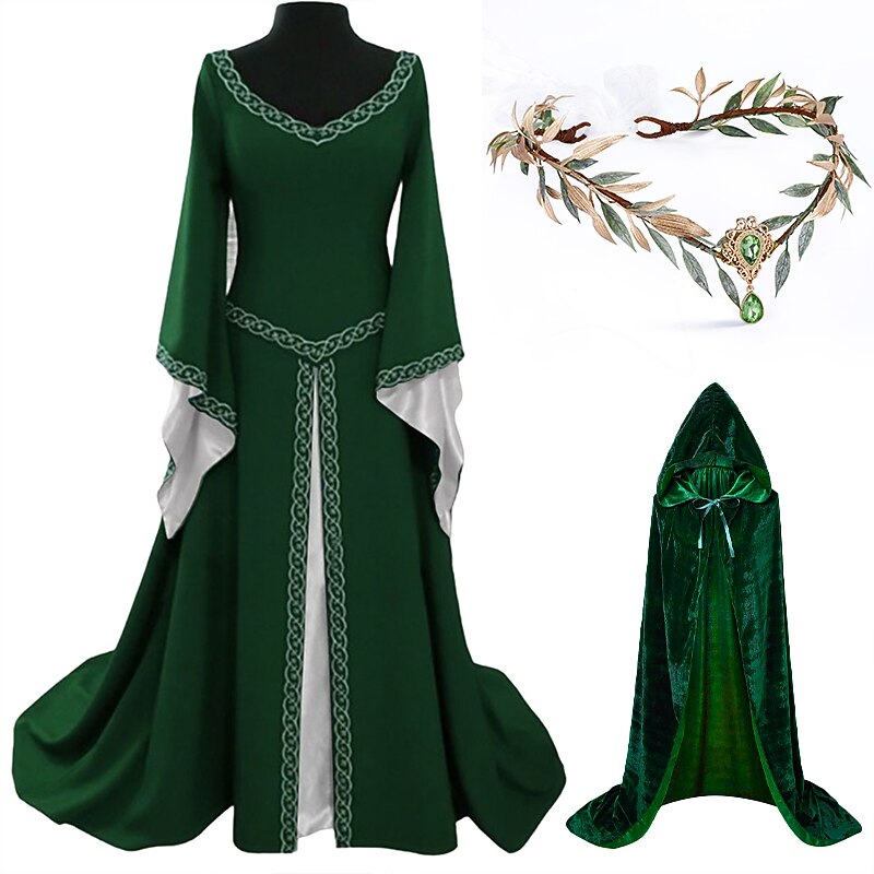 Sets with Irish Dress Glamour Bridal Elf Crown Hooded Cloak 3 PCS Women's Medieval Steampunk Renaissance Retro Vintage Viking Outfits LARP Cosplay Costumes2