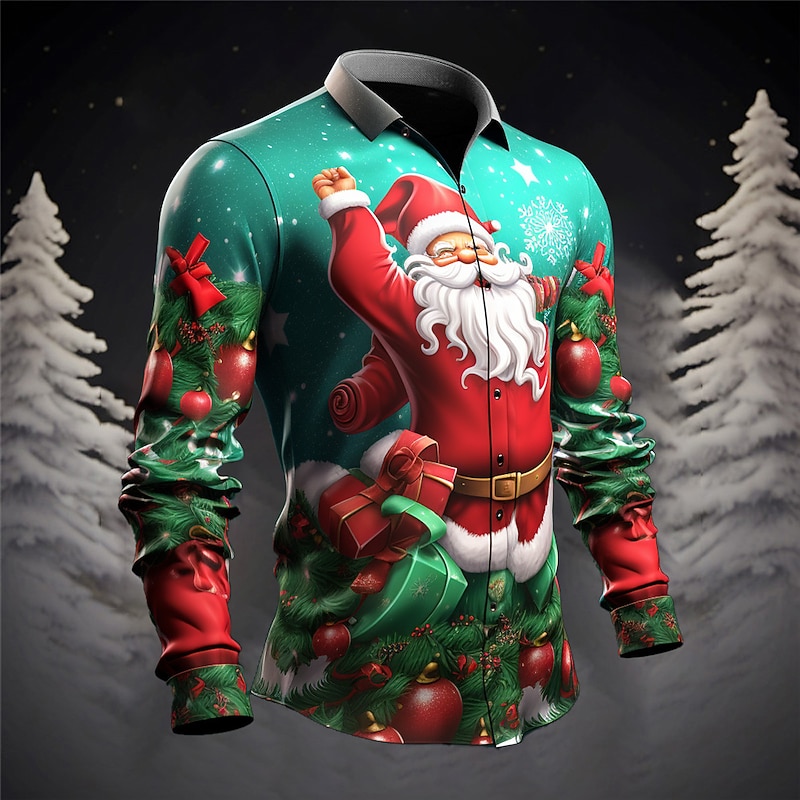 Men's Santa Claus Shirt Long Sleeve Casual Christmas Daily Wear Going out Fall & Winter Turndown Print Button-Down Yellow Red Burgundy Royal Blue Blue4