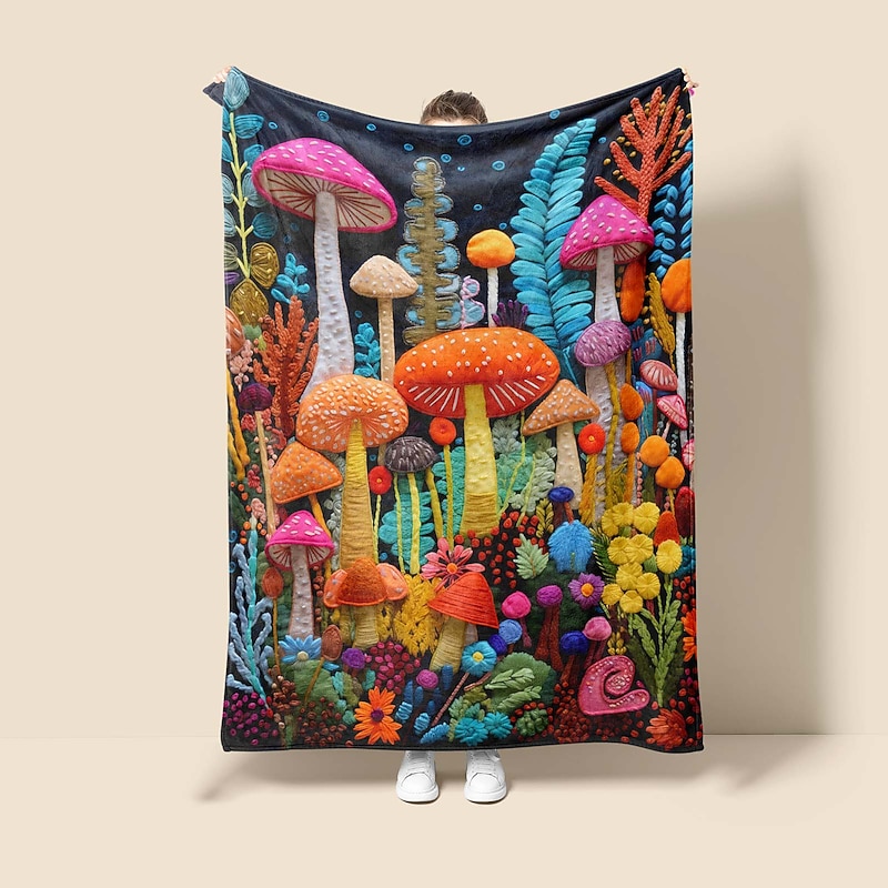 Mushroom Quilt Art Pattern Big Blanket Super Soft Throw Blanket Novelty Flannel Warm 3D Printed All Seasons Room Decor Gifts Big Blanket