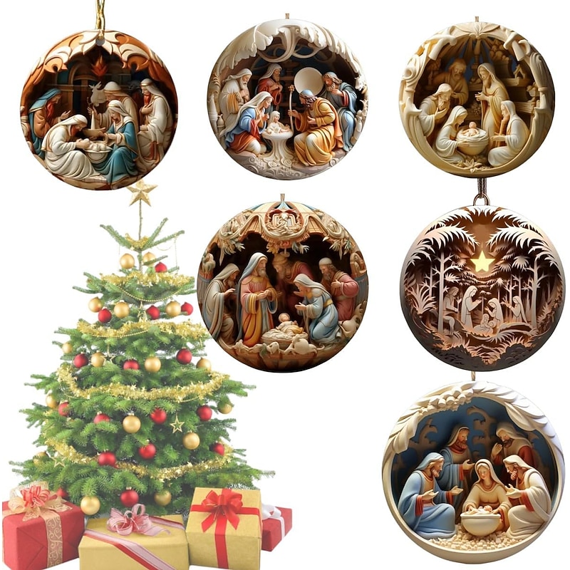 Nativity Scene  Christmas Ornament,Acrylic 2D Flat Printed Keychain, Optional Acrylic Ornament and Car Rear View Mirror Accessories Memorial Gifts Pack
