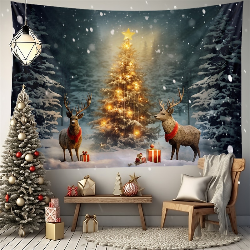 Christmas Decorations Snow Tree Reindeers Hanging Tapestry Wall Art Xmas Large Tapestry Mural Decor Photograph Backdrop Blanket Curtain Home Bedroom Living Room Decoration2