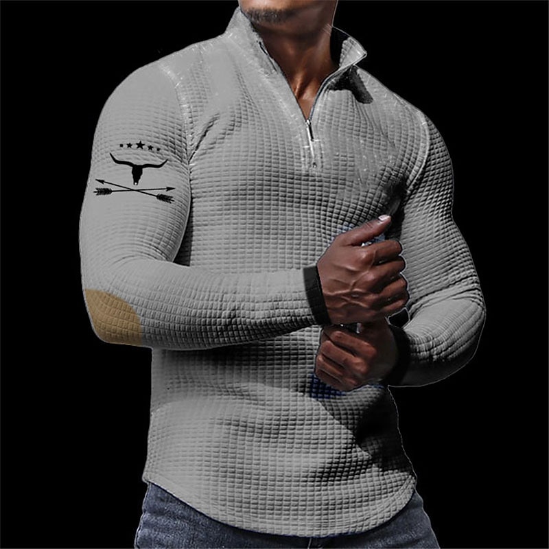Men's Waffle Polo Shirts Zip Polo Golf Polos Shirts Long Sleeve Polo Shirts Zip Vintage Casual Daily 3D Print Fall & Winter Black White Khaki2
