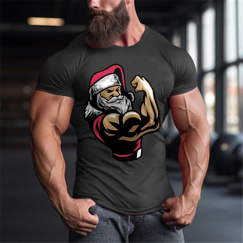 Christmas Men's Muscle Santa Claus Old Man T Shirt Cotton Short Sleeve Graphic Shirt Black White Red Comfortable Tee Sports Outdoor Holiday Fashion Designer Clothing3