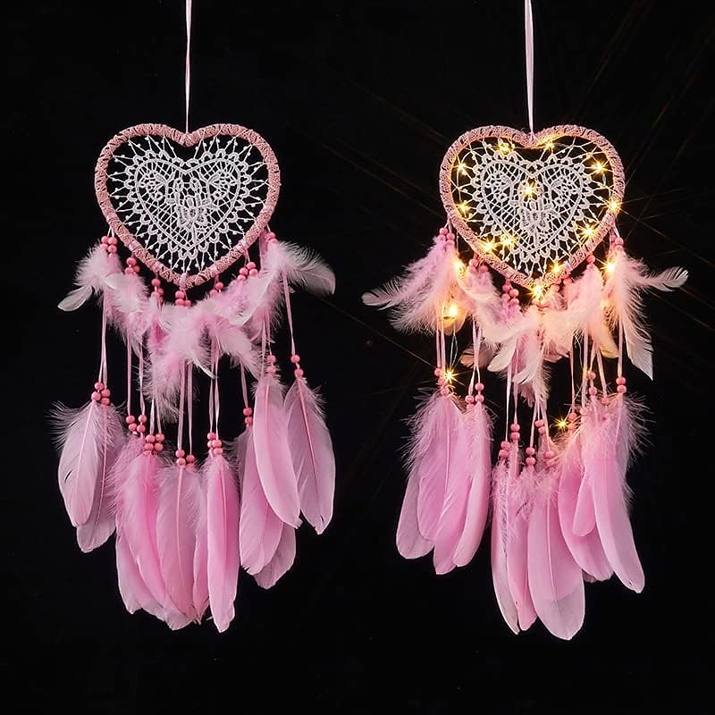 Heart Shaped Dream Catchers With LED Lights Hand Woven Feather Lights Wall Romantic Decor for Valentine's Day Christmas Gifts for boys girls Kids Bedroom Decoration4