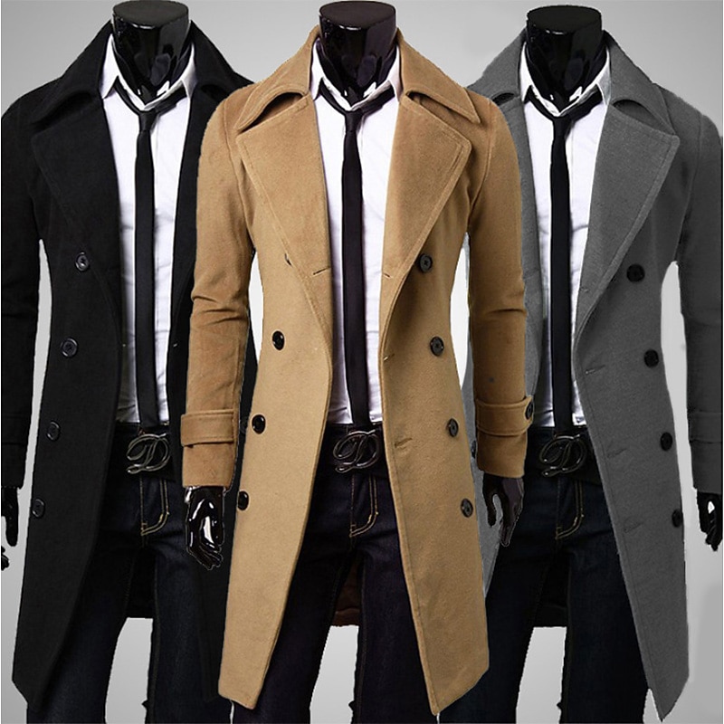 Men's Winter Coat Overcoat Peacoat Trench Coat Formal Business Winter 95% polyester 5% cotton Warm Outerwear Clothing Apparel Coats / Jackets Solid Color Vintage Style Notch lapel collar