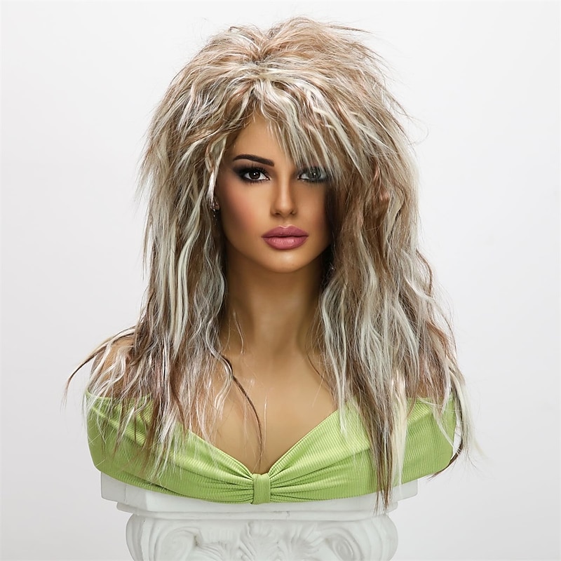 20-inch Synthetic Wig for Women - 70S 80S Long Wavy Curly Brown White Wig Punk Rocket Heat Resistant Wig - Ideal for Carnival Parties and Costume Cosplay Halloween Wigs