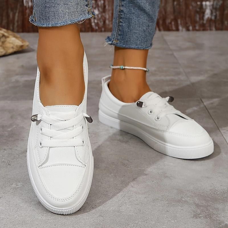 Women's White Casual Sneakers – Lace-Up Low-Top Canvas Shoes for Walking & Everyday Wear4