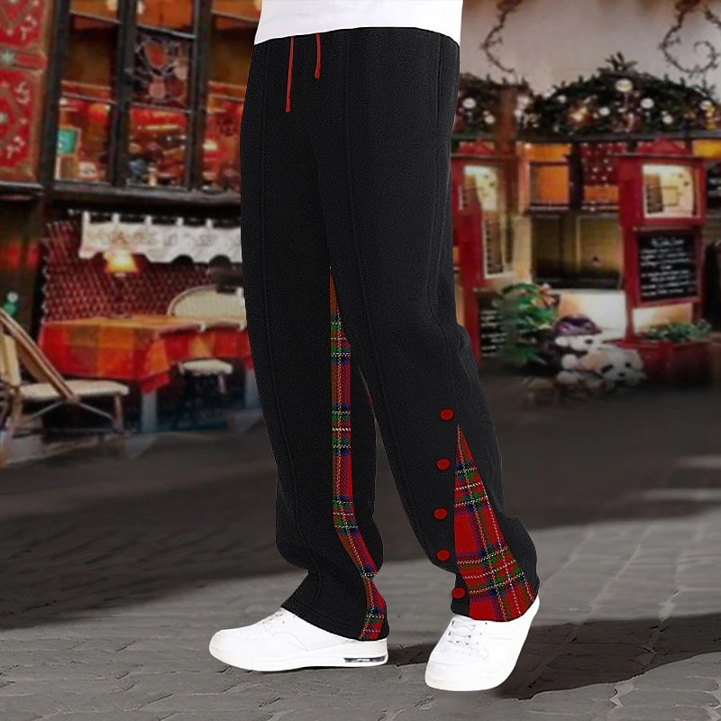 Men's Sweatpants Joggers Trousers Drawstring Elastic Waist Straight Leg Plaid Patchwork Comfort Breathable Christmas Daily Holiday Sports Fashion Black White2
