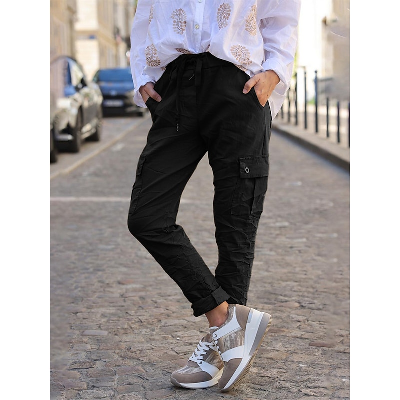 Women's Cargo Pants Pants Trousers Active Streetwear Casual Full Length Mid Waist Plain Drawstring Elastic Waist Multiple Pockets Comfort Breathability Soft Micro-elastic Vacation Street Daily Dark2