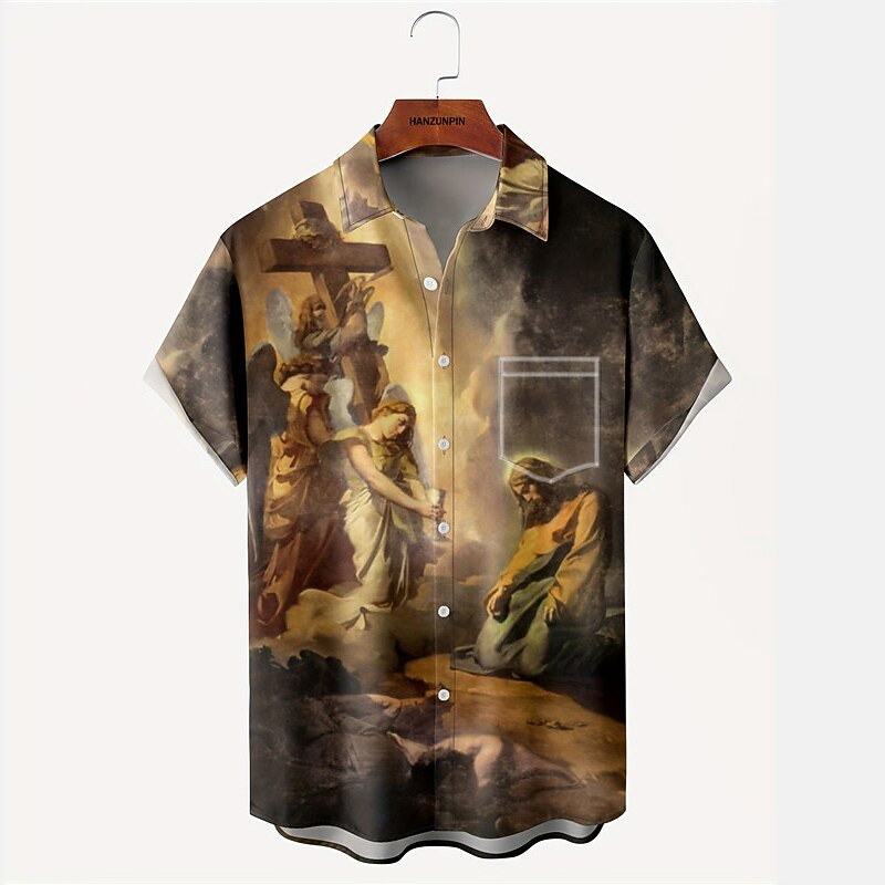 Men's Jesus Shirt Western Shirt Button Up Shirt Short Sleeve Vintage Daily Wear Going out Weekend Autumn / Fall Turndown Pocket Print Button-Down Brown