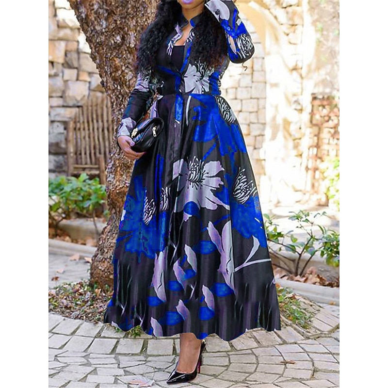 Women's Long Dress Maxi Dress Casual Dress Swing Dress Print Dress Fashion Streetwear Mature Outdoor Vacation Daily Regular Fit Floral Long Sleeve Split Neck Red Purple Green Dark Blue Fall Winter