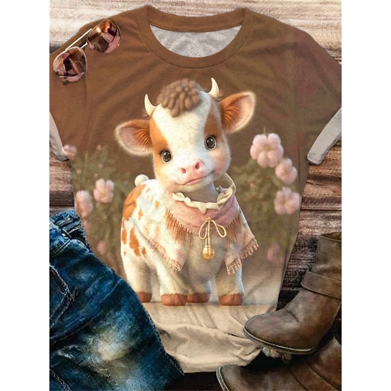Women's T-Shirt Unisex Highland Cow Print Scarf Winter Theme Round Neck Short Sleeve Casual Wear Soft Fabric Standard Fit Animal Graphic Tee4
