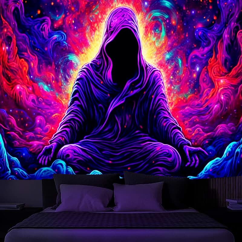 Halloween Decorations Blacklight Tapestry UV Reactive Glow in the Dark Glow Party Neon Ghost Psychedelic Trippy Misty Hanging Tapestry Wall Art Mural for Living Room Bedroom