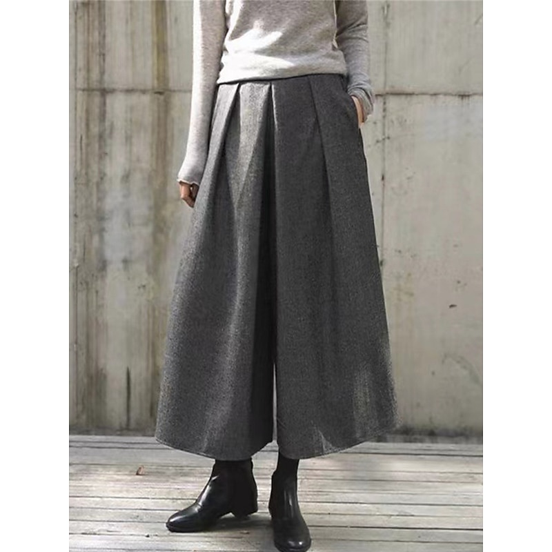 Women's Wide Leg Cropped Pants Fashion Streetwear Ankle-Length High Waist Plain Pleated High Cut Comfort Breathability Soft Micro-elastic Vacation Street Daily Dark-Gray Black Fall Winter3