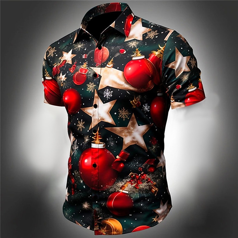 Christmas Santa Claus Tree Bell Casual Men's Shirt Daily Wear Going out Weekend Autumn / Fall Turndown Short Sleeves Black, White, Red S, M, L 4-Way Stretch Fabric Shirt