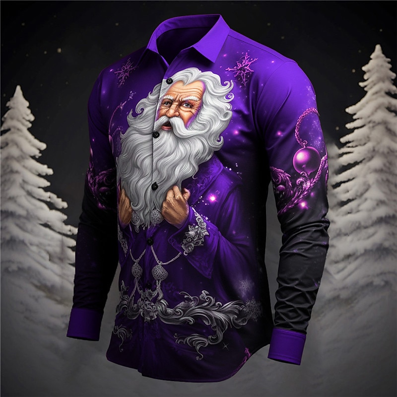 Christmas Men's Santa Claus Printed Shirts Santa Claus Casual Daily Wear Going out Fall & Winter Turndown Long Sleeve Gray+Purple, Yellow, Burgundy S, M, L 4-Way Stretch Fabric Shirt3