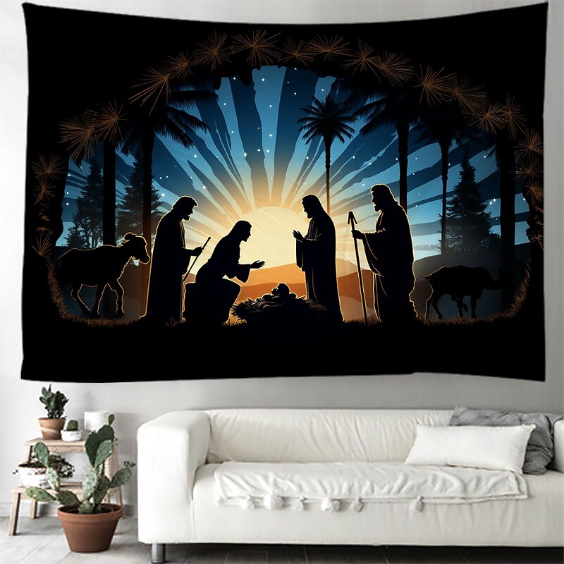 Christmas Decorations Nativity Scene Jesus Hanging Tapestry Wall Art Large Xmas Tapestry Mural Decor Photograph Backdrop Blanket Curtain Home Bedroom Living Room Decoration3